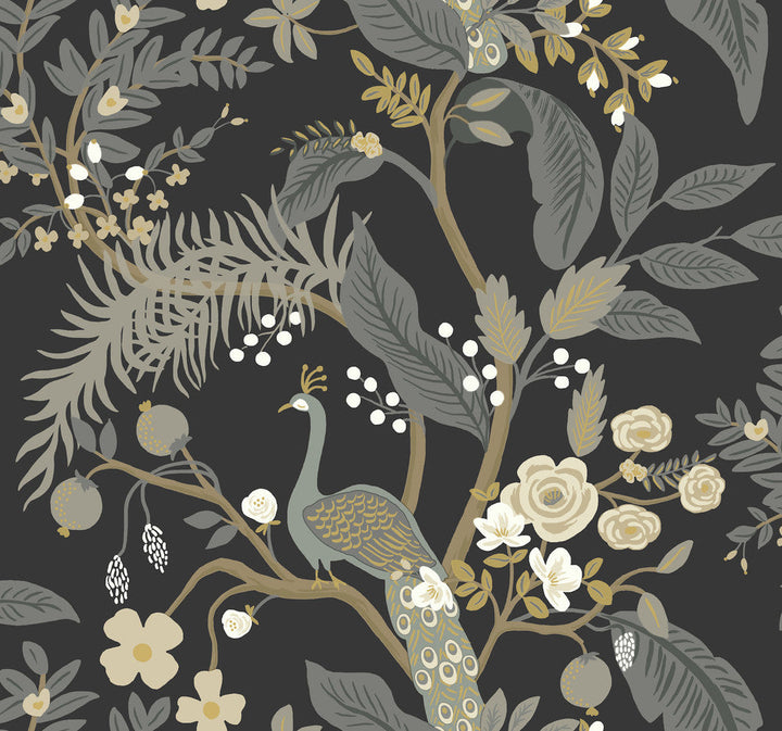 Peacock Black Wallpaper by Rifle Paper Co. Designer Rifle Paper Co. Covers about 60.8 square feet 27-in by 27-ft long roll Unpasted 25.25 - Swanky Fabrics -