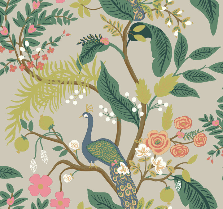Peacock Linen Wallpaper by Rifle Paper Co. Designer Rifle Paper Co. Covers about 60.8 square feet 27-in by 27-ft long roll Unpasted 25.25 - Swanky Fabrics -