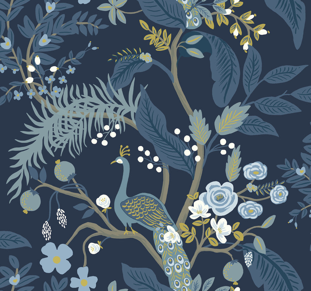 Peacock Navy Wallpaper by Rifle Paper Co. Designer Rifle Paper Co. Covers about 60.8 square feet 27-in by 27-ft long roll Unpasted 25.25 - Swanky Fabrics -