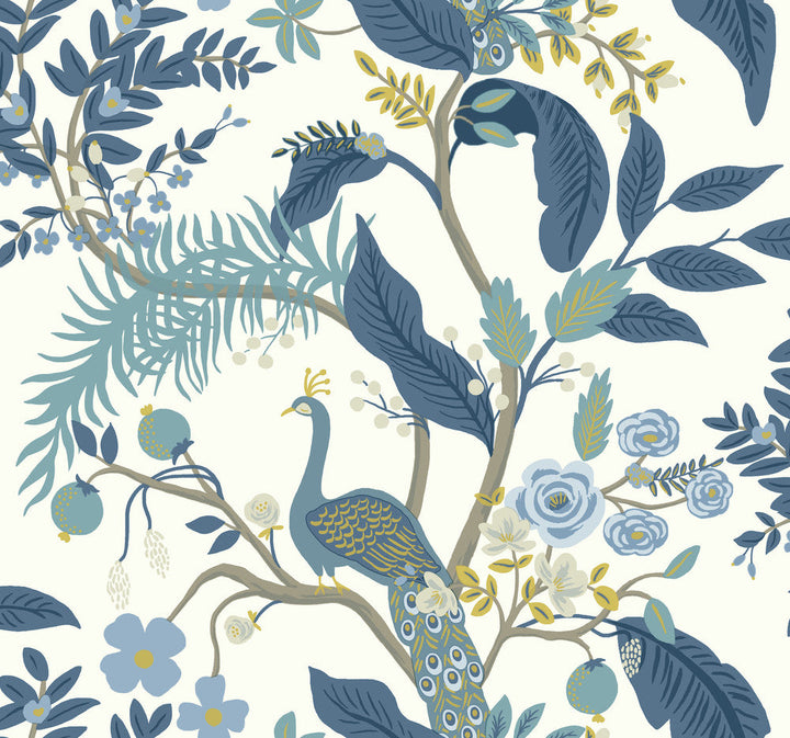 Peacock Blue & White Wallpaper by Rifle Paper Co. Designer Rifle Paper Co. Covers about 60.8 square feet 27-in by 27-ft long roll Unpasted 25.25 - Swanky Fabrics -