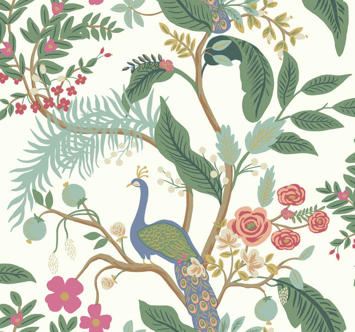 Peacock Periwinkle Wallpaper by Rifle Paper Co. Designer Rifle Paper Co. Covers about 60.8 square feet 27-in by 27-ft long roll Unpasted 25.25 - Swanky Fabrics -