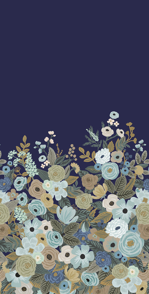 Garden Party Navy Wall Mural by Rifle Paper Co. Designer Rifle Paper Co. 3rd Edition Covers 2 panels - measures 5.5-ft wide by 11.2-ft tall when assembled 33.25-in by 11.2-ft long roll Unpasted 0 - Swanky Fabrics -