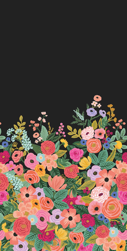 Garden Party Black Wall Mural by Rifle Paper Co. Designer Rifle Paper Co. 3rd Edition Covers 2 panels - measures 5.5-ft wide by 11.2-ft tall when assembled 33.25-in by 11.2-ft long roll Unpasted 0 - Swanky Fabrics -