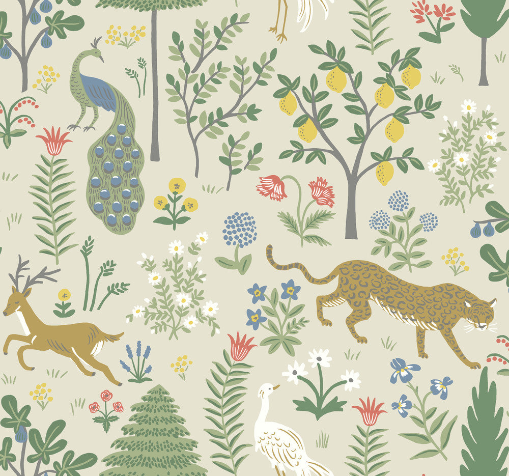 Menagerie Beige Wallpaper by Rifle Paper Co. Designer Rifle Paper Co. Second Edition Covers about 60.8 square feet 27-in by 27-ft long roll Unpasted 25.25 - Swanky Fabrics -