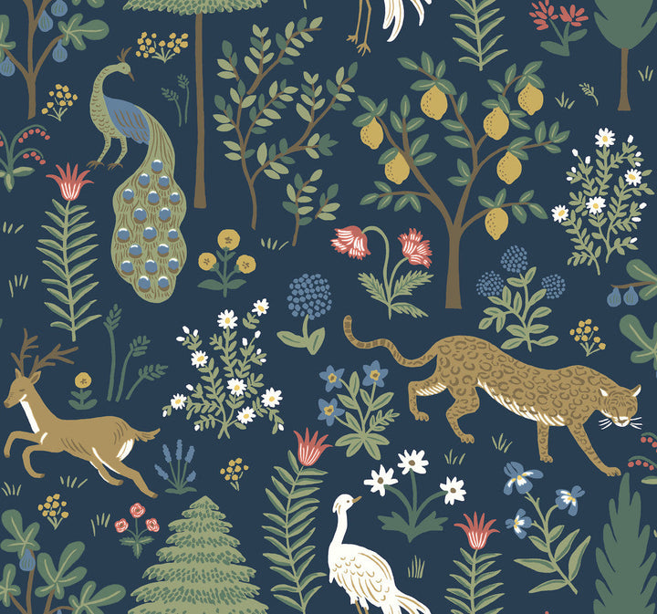 Menagerie Blue & Brown Wallpaper by Rifle Paper Co. Designer Rifle Paper Co. Second Edition Covers about 60.8 square feet 27-in by 27-ft long roll Unpasted 25.25 - Swanky Fabrics -
