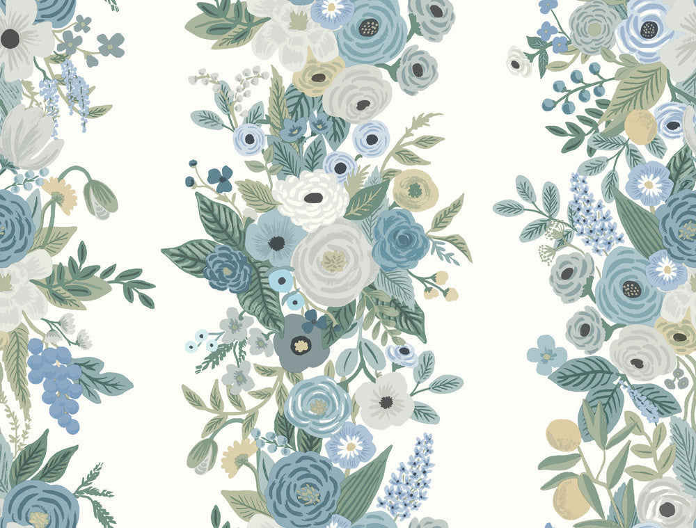 Garden Party Trellis White & Blue Wallpaper by Rifle Paper Co. Designer Rifle Paper Co. Second Edition Covers about 60.8 square feet 27-in by 27-ft long roll Unpasted 20.5 - Swanky Fabrics -