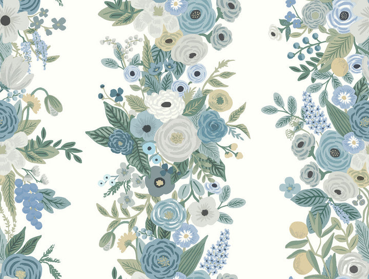 Garden Party Trellis White & Blue Wallpaper by Rifle Paper Co. Designer Rifle Paper Co. Second Edition Covers about 60.8 square feet 27-in by 27-ft long roll Unpasted 20.5 - Swanky Fabrics -