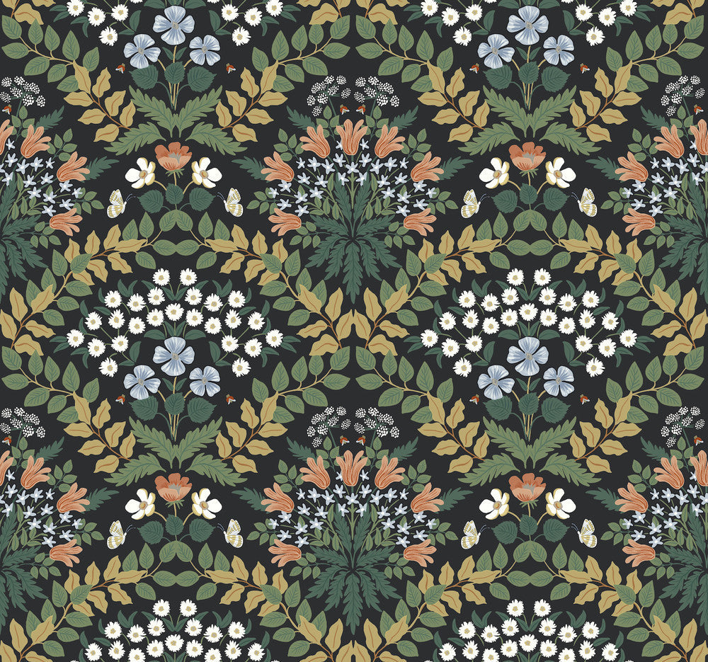 Bramble Black & Green Wallpaper by Rifle Paper Co. Designer Rifle Paper Co. Second Edition Covers about 60.8 square feet 27-in by 27-ft long roll Unpasted 25.25 - Swanky Fabrics -