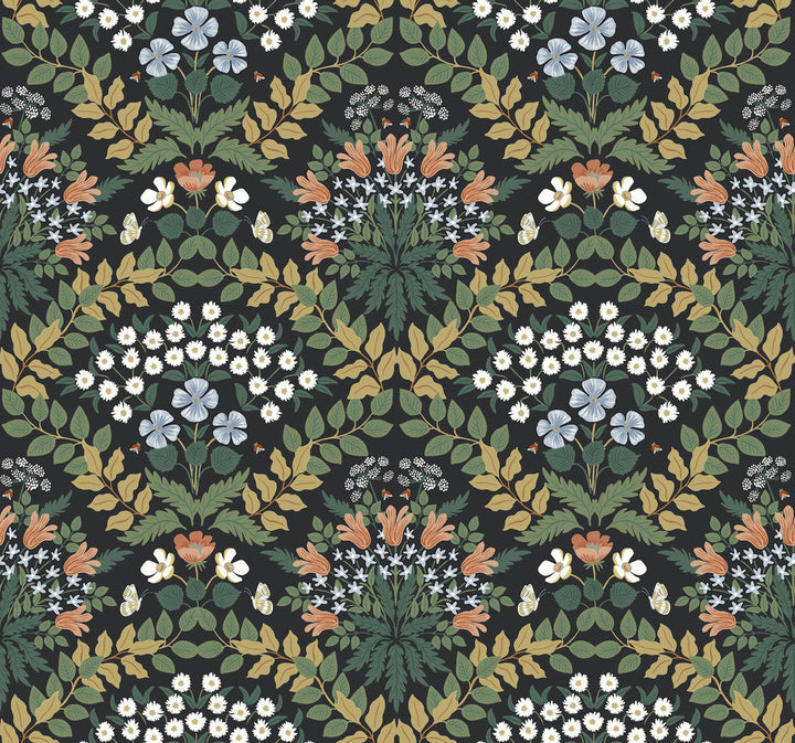 Bramble Black & Green Wallpaper by Rifle Paper Co. Designer Rifle Paper Co. Second Edition Covers about 60.8 square feet 27-in by 27-ft long roll Unpasted 25.25 - Swanky Fabrics -