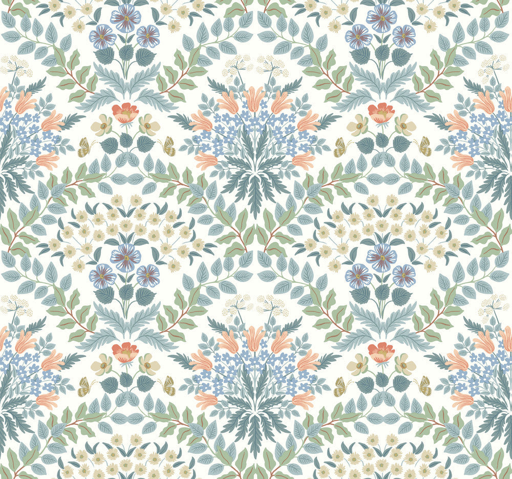 Bramble White & Green Wallpaper by Rifle Paper Co. Designer Rifle Paper Co. Second Edition Covers about 60.8 square feet 27-in by 27-ft long roll Unpasted 25.25 - Swanky Fabrics -