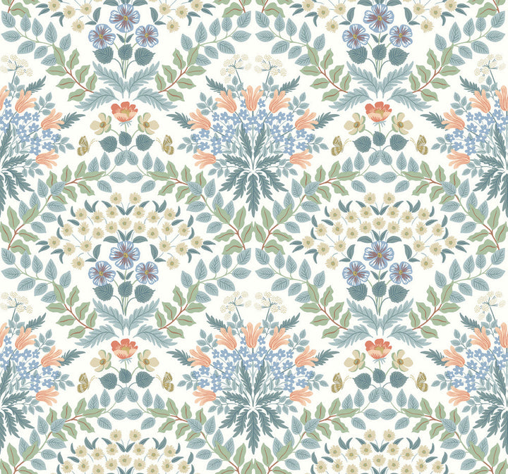 Bramble White & Green Wallpaper by Rifle Paper Co. Designer Rifle Paper Co. Second Edition Covers about 60.8 square feet 27-in by 27-ft long roll Unpasted 25.25 - Swanky Fabrics -