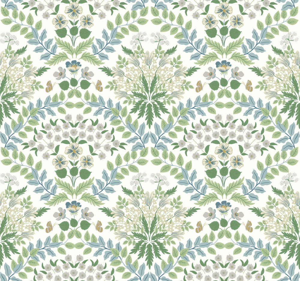 Bramble White & Blue Wallpaper by Rifle Paper Co. Designer Rifle Paper Co. Second Edition Covers about 60.8 square feet 27-in by 27-ft long roll Unpasted 25.25 - Swanky Fabrics -