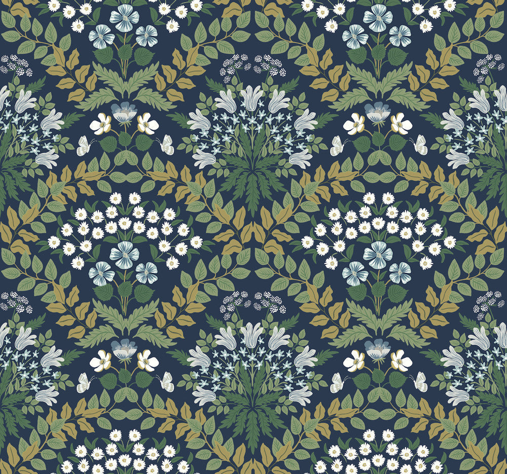 Bramble Navy & Green Wallpaper by Rifle Paper Co. Designer Rifle Paper Co. Second Edition Covers about 60.8 square feet 27-in by 27-ft long roll Unpasted 25.25 - Swanky Fabrics -