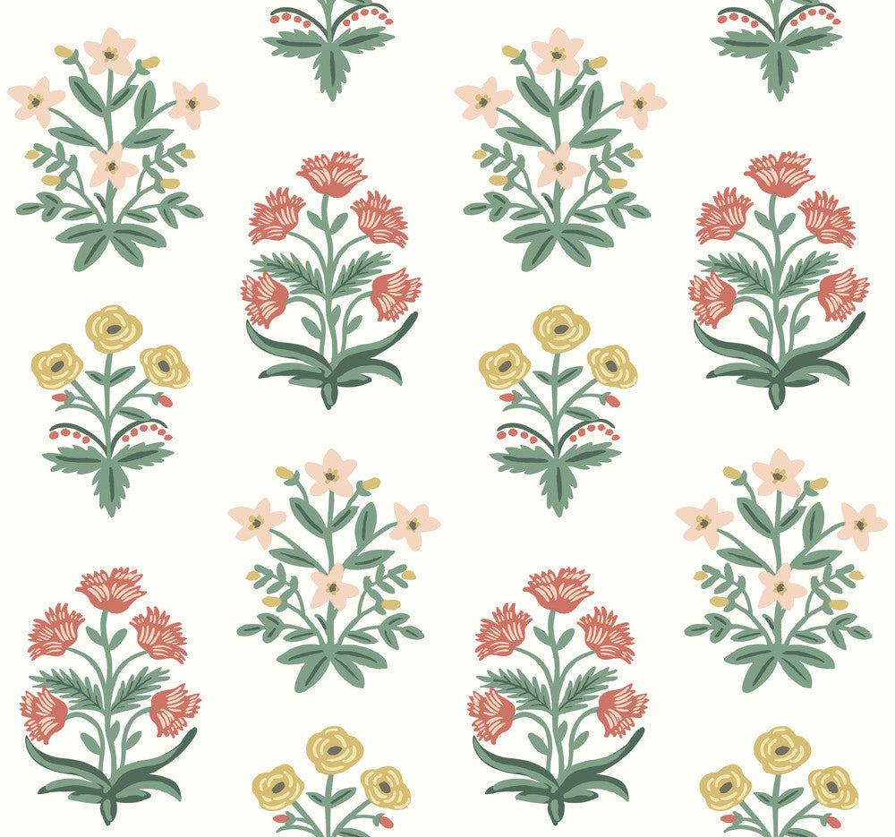 Mughal Rose White & Pink Wallpaper by Rifle Paper Co. Designer Rifle Paper Co. Second Edition Covers about 60.8 square feet 27-in by 27-ft long roll Unpasted 25.25 - Swanky Fabrics -