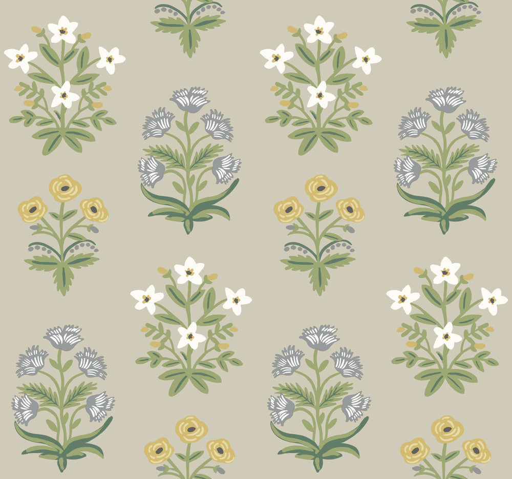 Mughal Rose Beige & Purple Wallpaper by Rifle Paper Co. Designer Rifle Paper Co. Second Edition Covers about 60.8 square feet 27-in by 27-ft long roll Unpasted 25.25 - Swanky Fabrics -