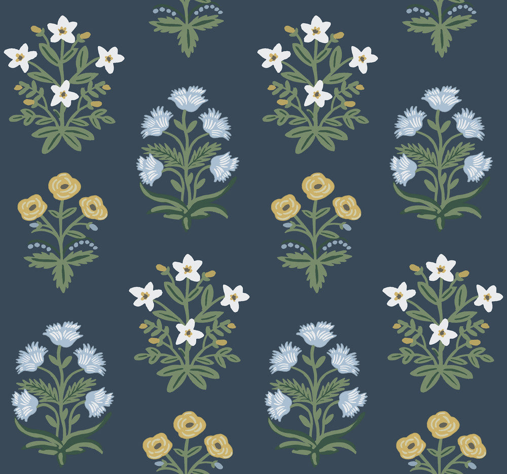 Mughal Rose Blue & Purple Wallpaper by Rifle Paper Co. Designer Rifle Paper Co. Second Edition Covers about 60.8 square feet 27-in by 27-ft long roll Unpasted 25.25 - Swanky Fabrics -