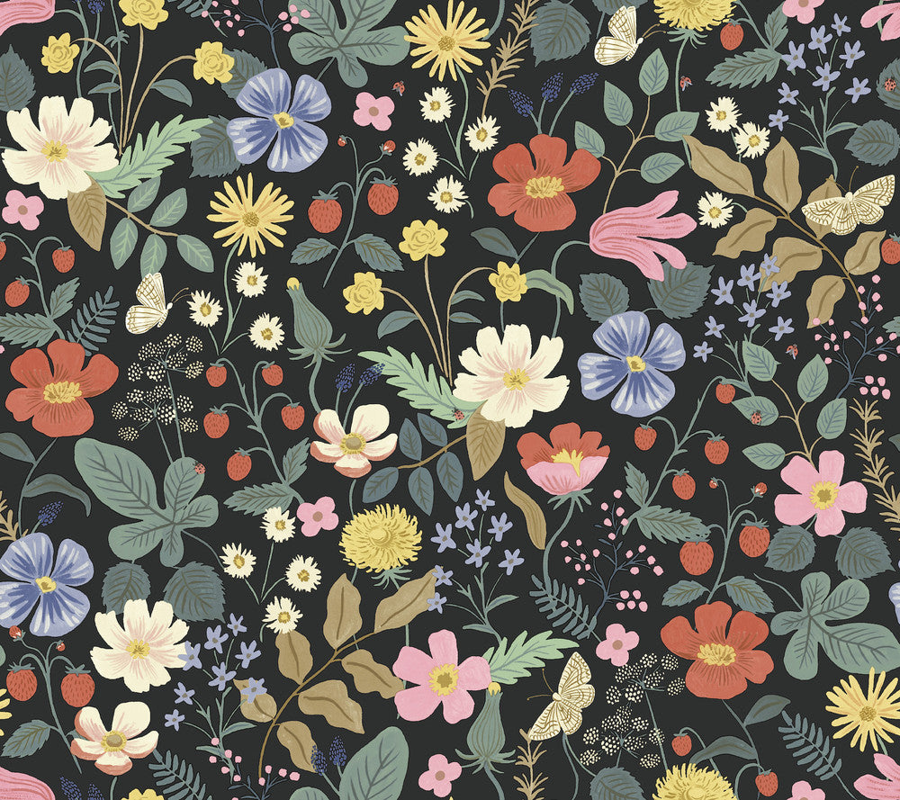 Strawberry Fields Black & Green Wallpaper by Rifle Paper Co. Designer Rifle Paper Co. Second Edition Covers about 60.8 square feet 27-in by 27-ft long roll Unpasted 24 - Swanky Fabrics -