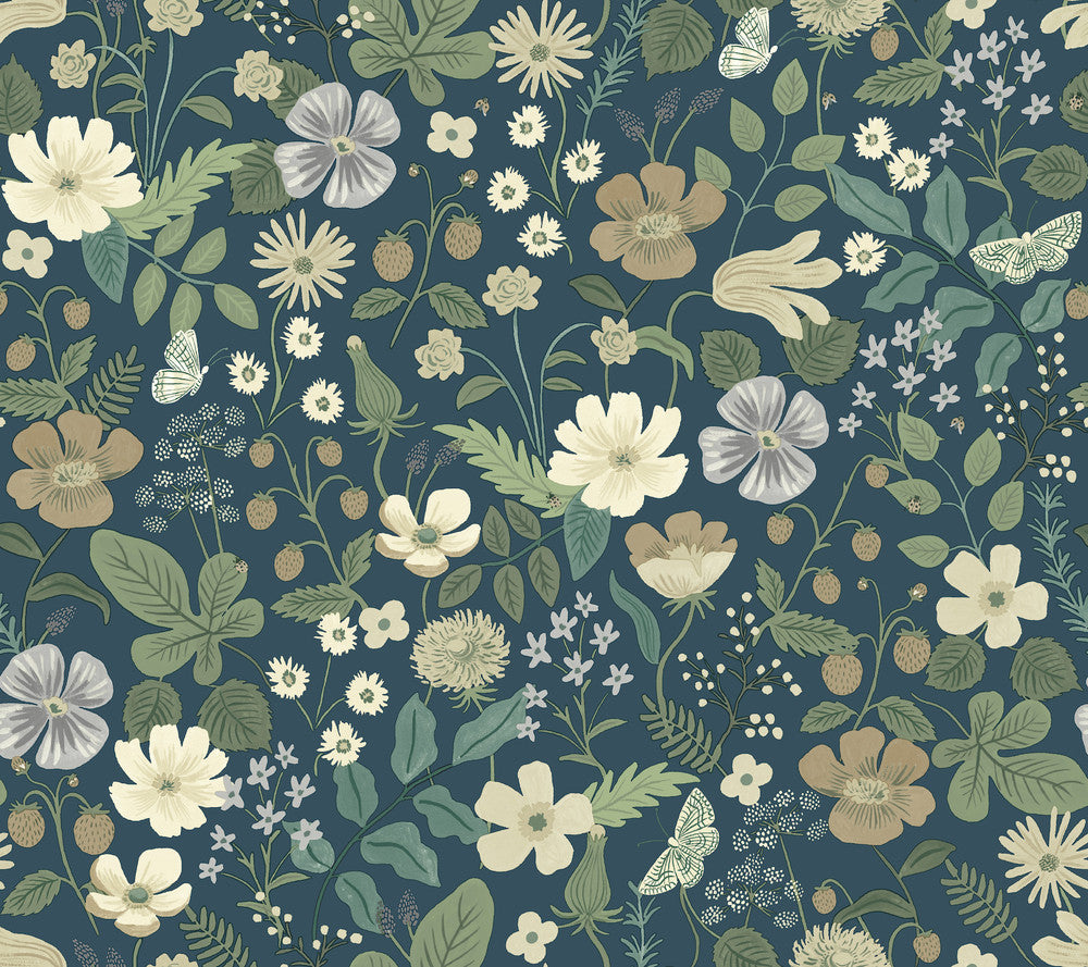 Strawberry Fields Blue & Green Wallpaper by Rifle Paper Co. Designer Rifle Paper Co. Second Edition Covers about 60.8 square feet 27-in by 27-ft long roll Unpasted 24 - Swanky Fabrics -