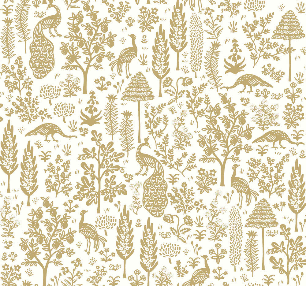 Menagerie Toile Beige Wallpaper by Rifle Paper Co. Designer Rifle Paper Co. Second Edition Covers about 60.8 square feet 27-in by 27-ft long roll Unpasted 25.25 - Swanky Fabrics -