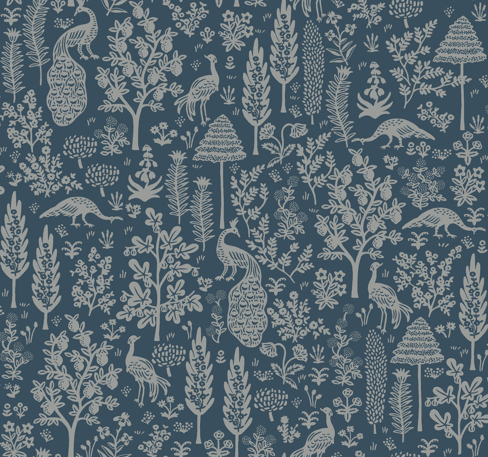 Menagerie Toile Dark Blue Wallpaper by Rifle Paper Co. Designer Rifle Paper Co. Second Edition Covers about 60.8 square feet 27-in by 27-ft long roll Unpasted 25.25 - Swanky Fabrics -
