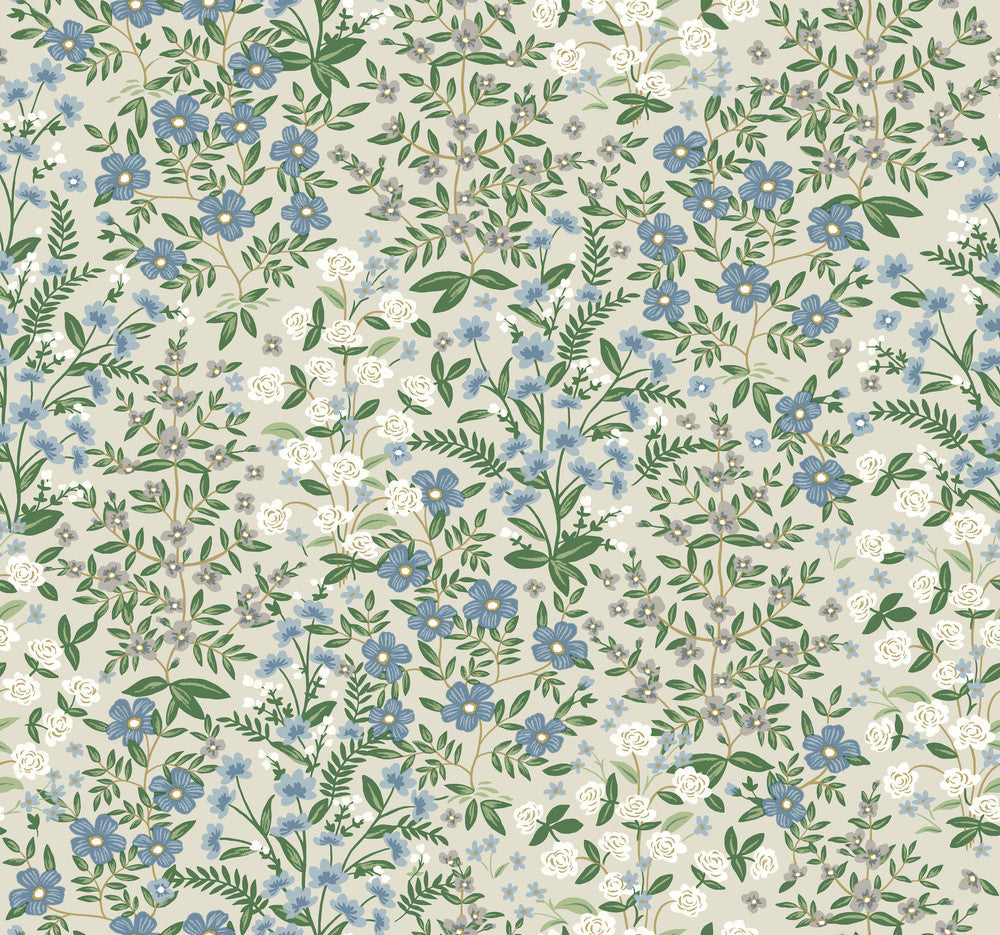 Wildwood Garden Beige & Green Wallpaper by Rifle Paper Co. Designer Rifle Paper Co. Second Edition Covers about 60.8 square feet 27-in by 27-ft long roll Unpasted 25.25 - Swanky Fabrics -