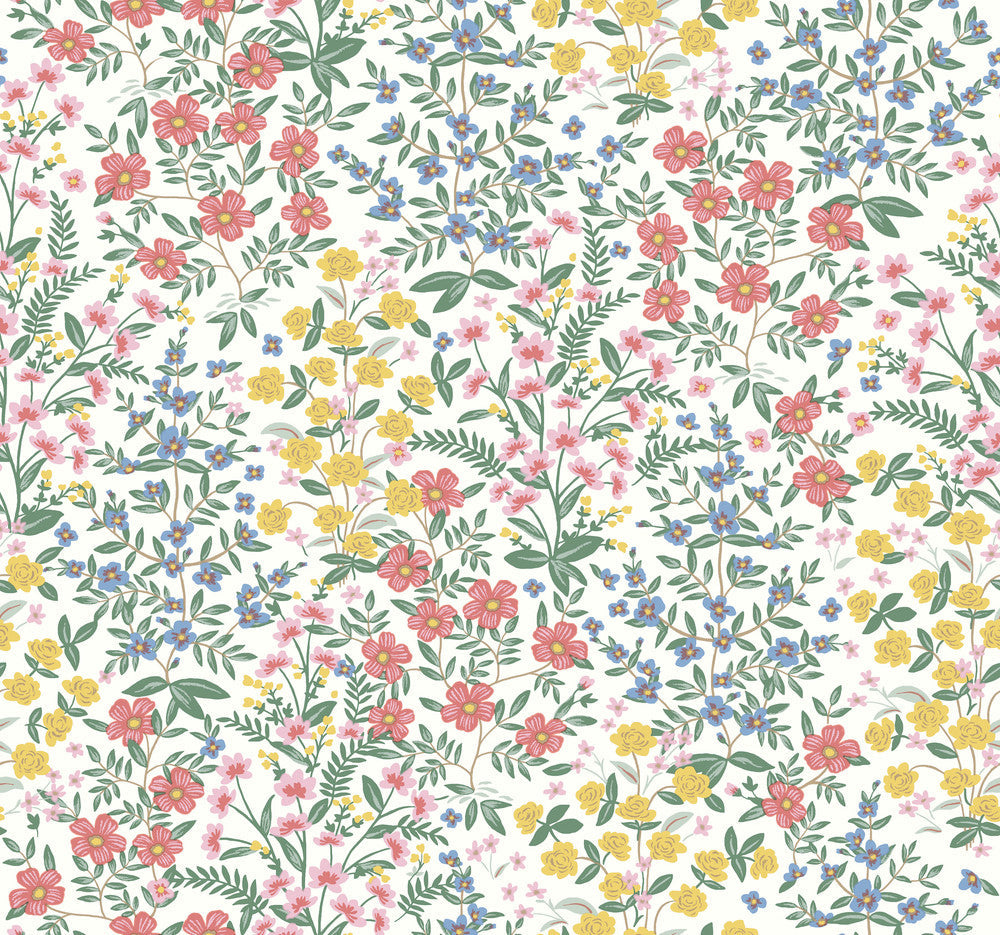 Wildwood Garden White & Pink Wallpaper by Rifle Paper Co. Designer Rifle Paper Co. Second Edition Covers about 60.8 square feet 27-in by 27-ft long roll Unpasted 25.25 - Swanky Fabrics -