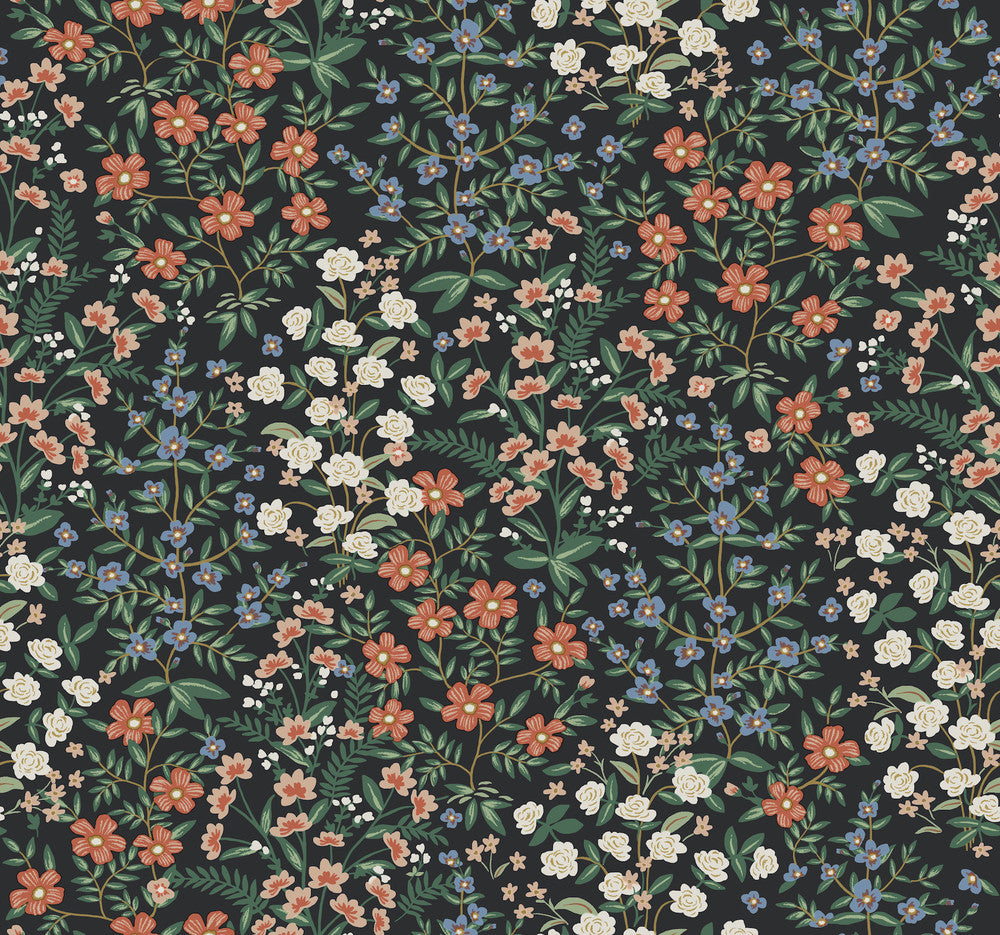 Wildwood Garden Black & Red Wallpaper by Rifle Paper Co. Designer Rifle Paper Co. Second Edition Covers about 60.8 square feet 27-in by 27-ft long roll Unpasted 25.25 - Swanky Fabrics -