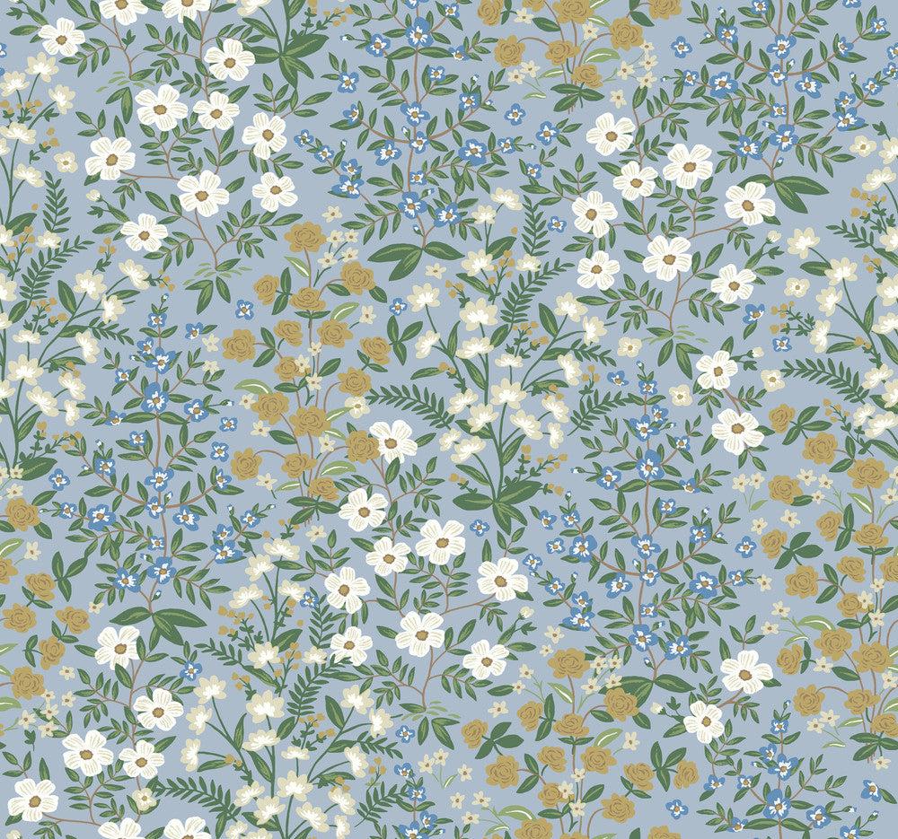 Wildwood Garden Blue & White Wallpaper by Rifle Paper Co. Designer Rifle Paper Co. Second Edition Covers about 60.8 square feet 27-in by 27-ft long roll Unpasted 25.25 - Swanky Fabrics -