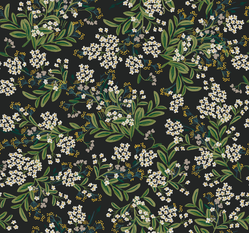 Cornflower Black & Green Wallpaper by Rifle Paper Co. Designer Rifle Paper Co. Second Edition Covers about 60.8 square feet 27-in by 27-ft long roll Unpasted 25.25 - Swanky Fabrics -