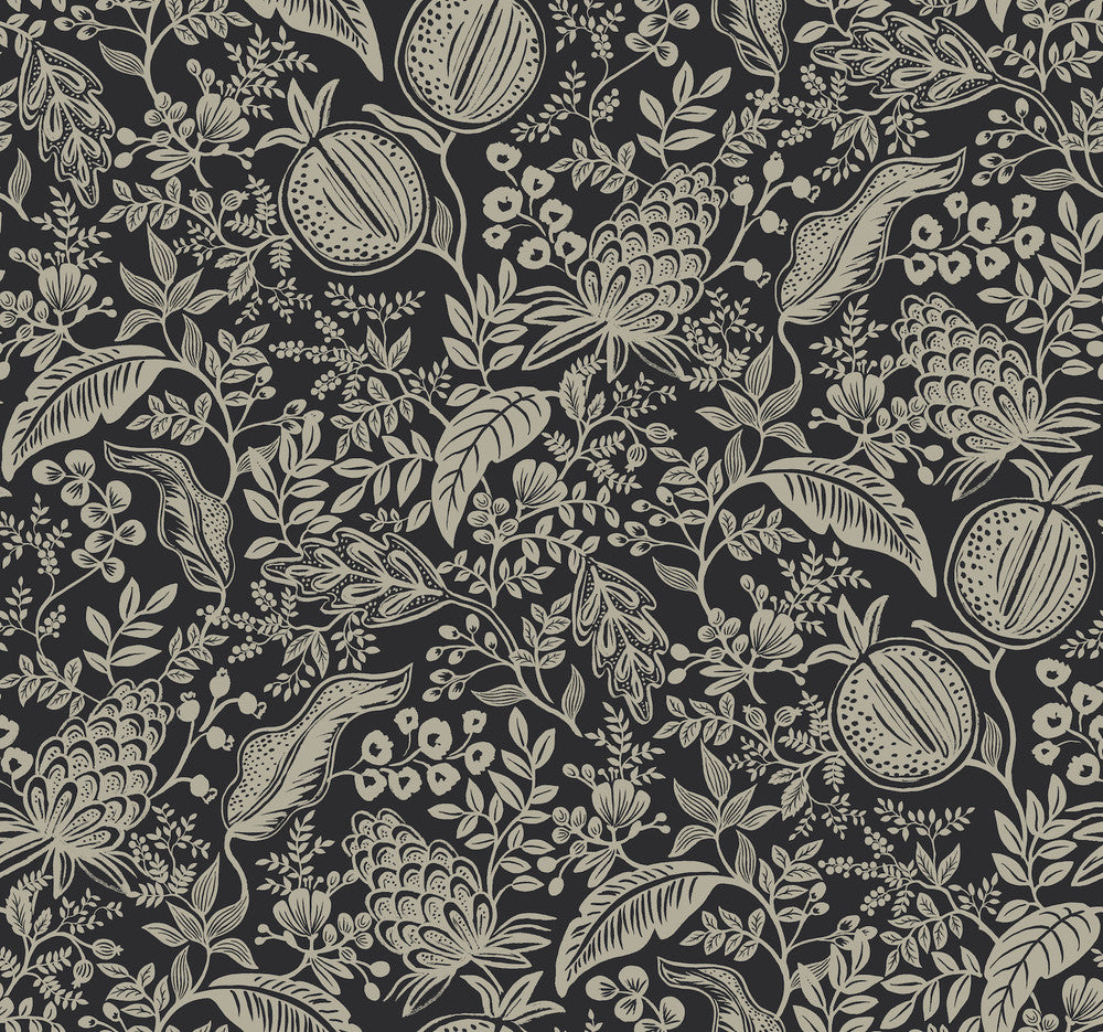 Pomegranate Black Wallpaper by Rifle Paper Co. Designer Rifle Paper Co. Second Edition Covers about 60.8 square feet 27-in by 27-ft long roll Unpasted 25.25 - Swanky Fabrics -