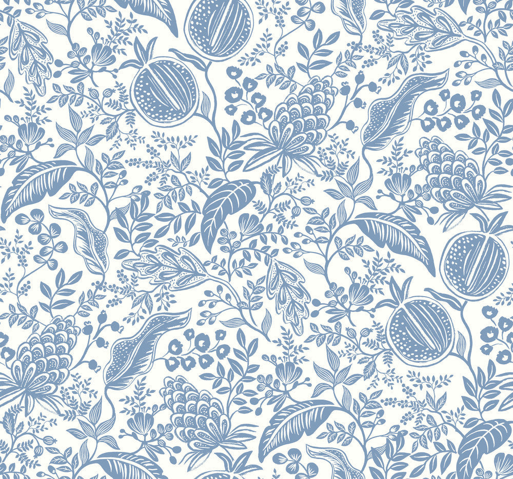 Pomegranate White & Blue Wallpaper by Rifle Paper Co. Designer Rifle Paper Co. Second Edition Covers about 60.8 square feet 27-in by 27-ft long roll Unpasted 25.25 - Swanky Fabrics -
