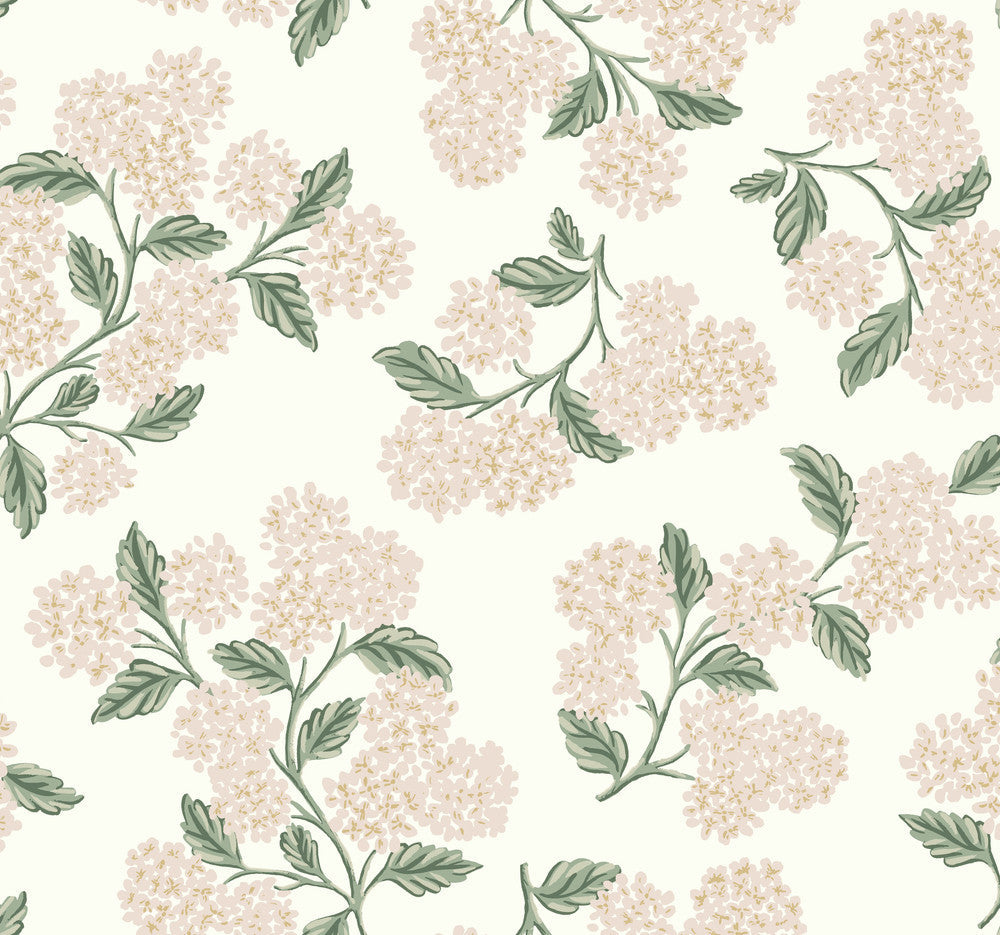 Hydrangea Beige & Pink Wallpaper by Rifle Paper Co. Designer Rifle Paper Co. Second Edition Covers about 60.8 square feet 27-in by 27-ft long roll Unpasted 25.25 - Swanky Fabrics -