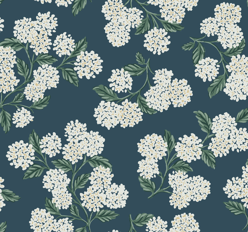 Hydrangea Blue Wallpaper by Rifle Paper Co. Designer Rifle Paper Co. Second Edition Covers about 60.8 square feet 27-in by 27-ft long roll Unpasted 25.25 - Swanky Fabrics -