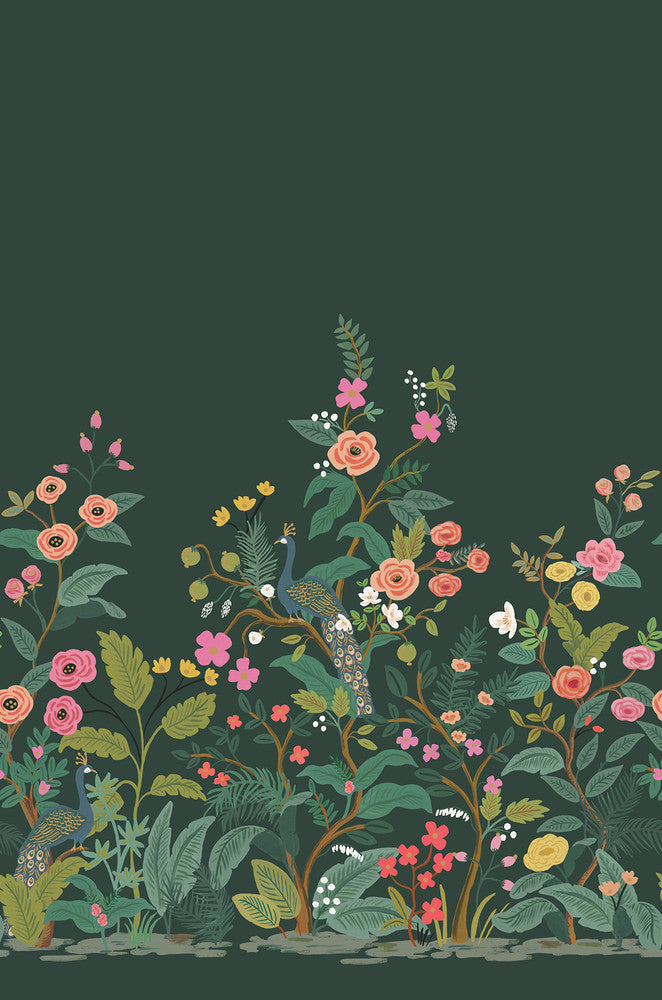 Peacock Emerald Wall Mural by Rifle Paper Co. Designer Rifle Paper Co. 3rd Edition Covers 3 panels - measures 6.75-ft wide by 10.2-ft long when assembled 27-in by 10.2-ft long roll Unpasted 0 - Swanky Fabrics -