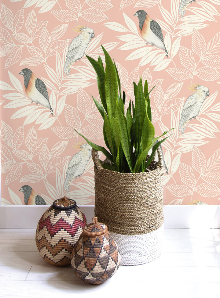Paradise Island Birds Pink Sunset and Ivory RY30101 by Seabrook Designs Designer Wallpaper