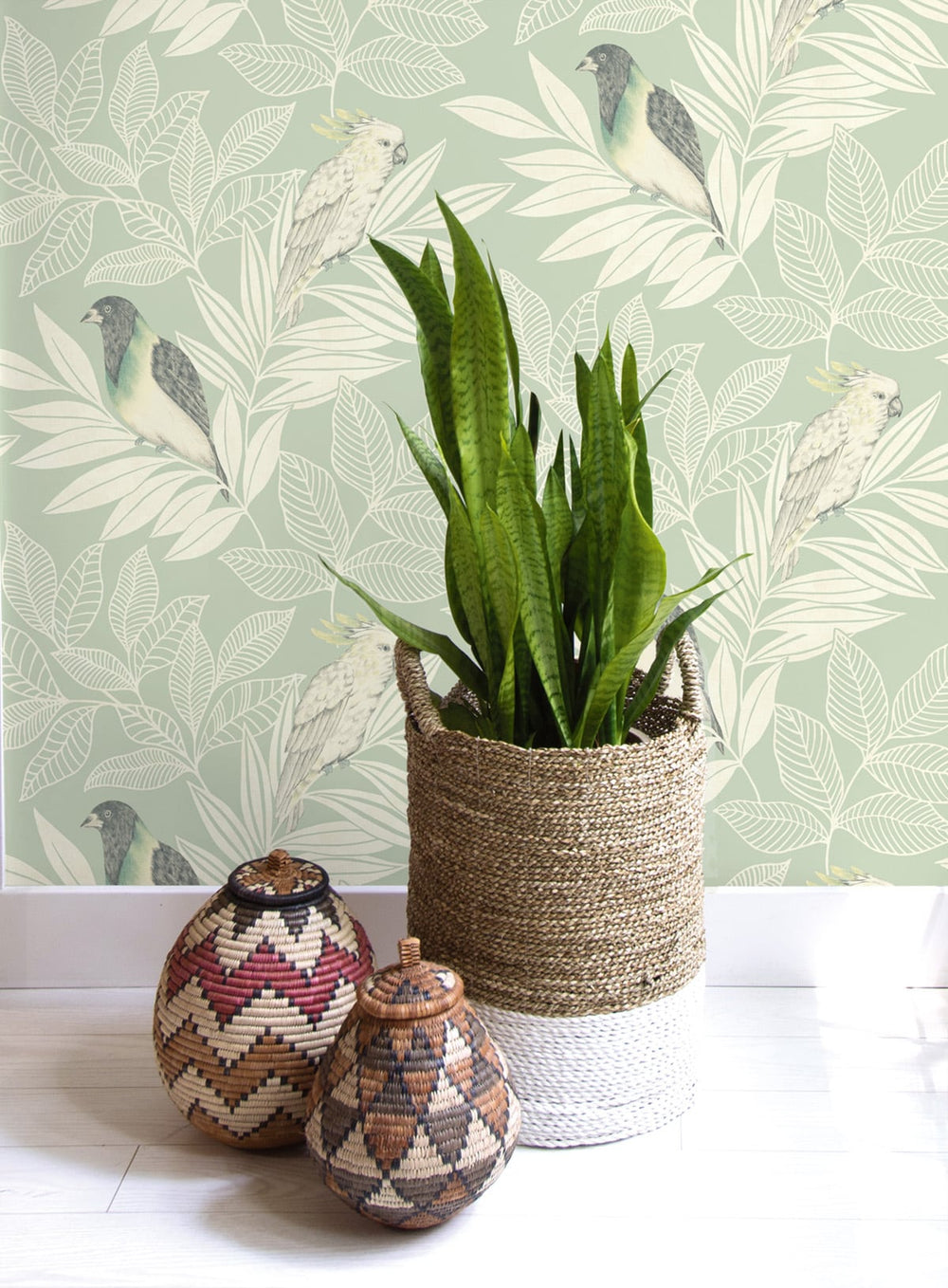 Paradise Island Birds Mint and Ivory RY30104 by Seabrook Designs Designer Wallpaper