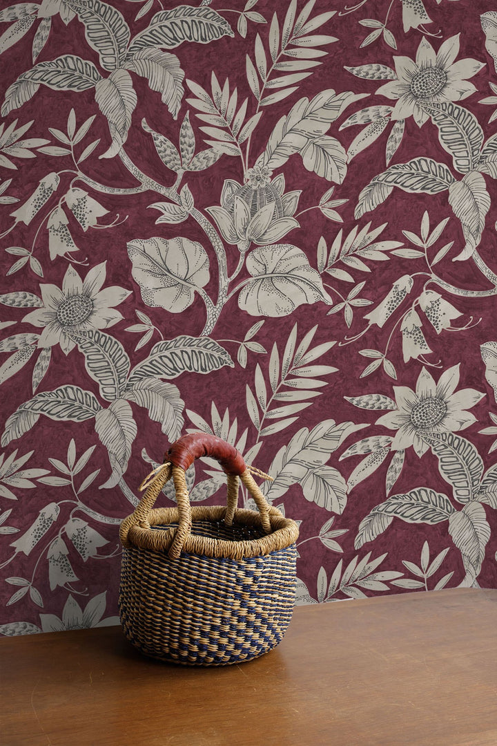 Rainforest Leaves Cranberry and Stone RY30201 by Seabrook Designs Designer Wallpaper
