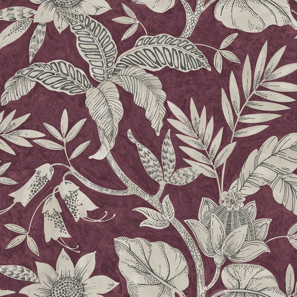 Rainforest Leaves Cranberry and Stone RY30201 by Seabrook Designs Designer Wallpaper
