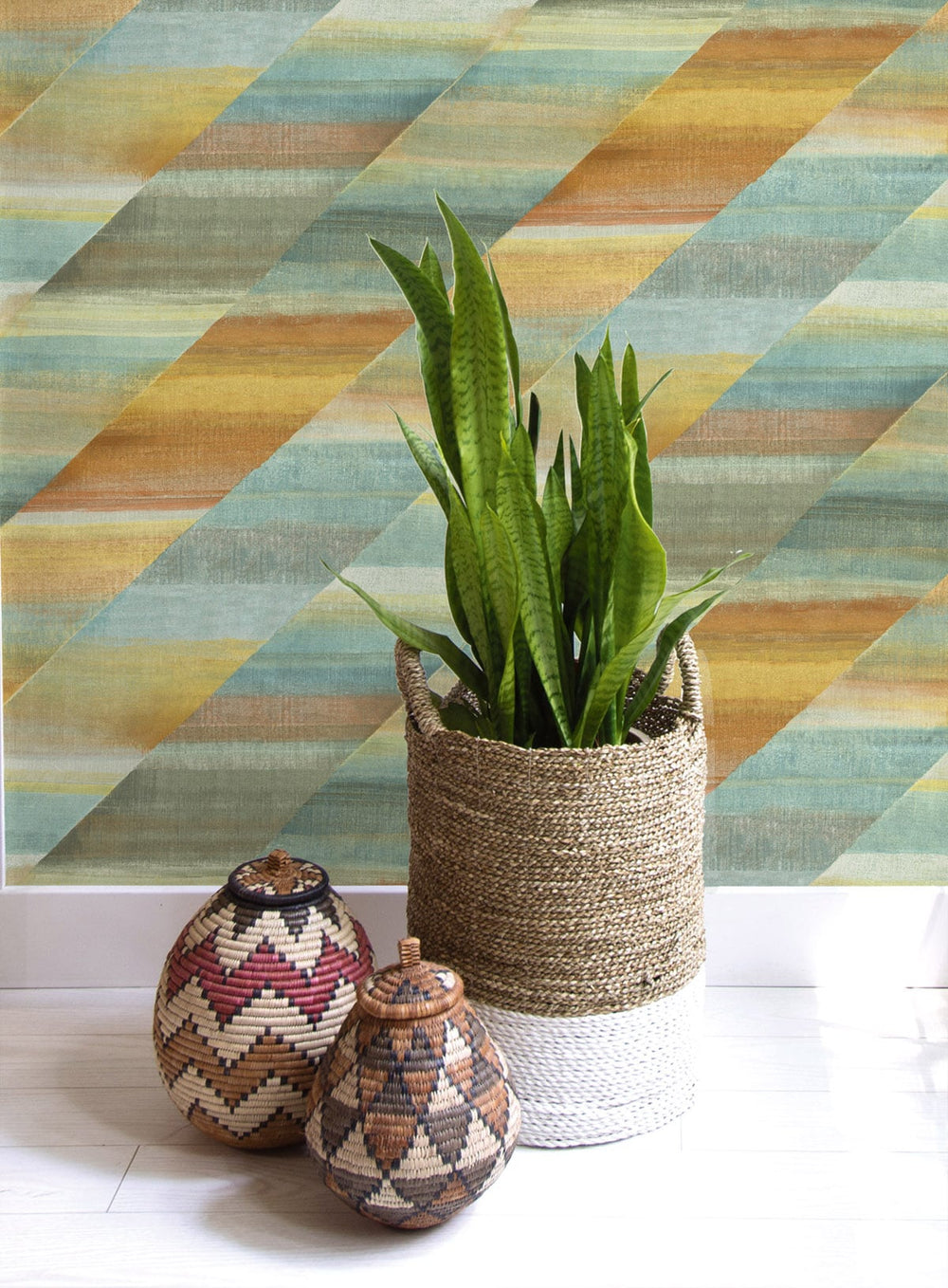 Rainbow Diagonals Burnt Orange, Dandelion, and Seafoam RY30303 by Seabrook Designs Designer Wallpaper
