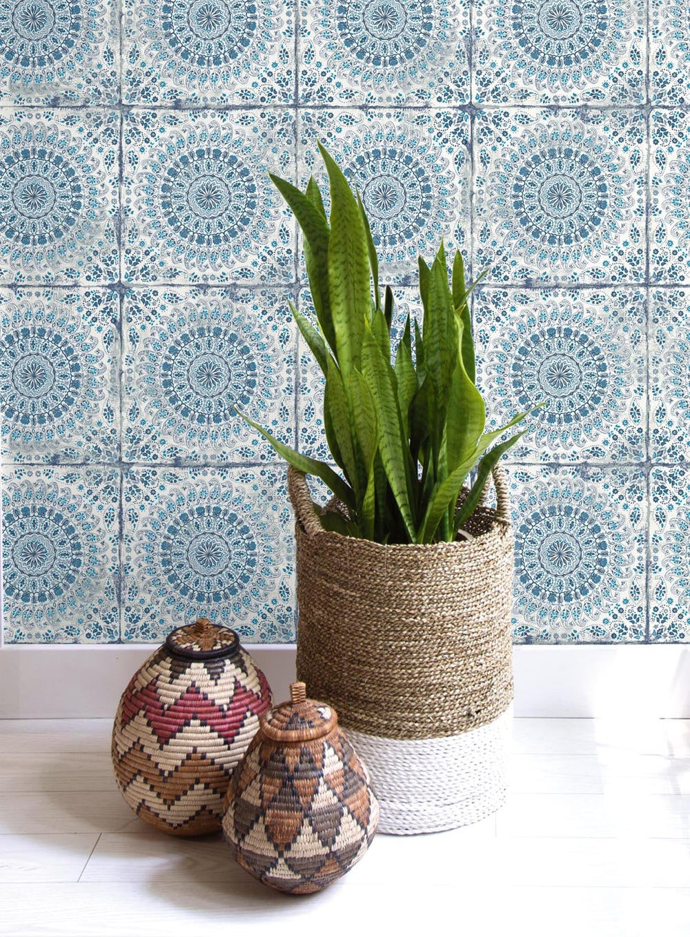 Mandala Boho Tile Cerulean and Washed Denim RY30702 by Seabrook Designs Designer Wallpaper