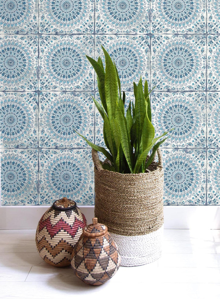 Mandala Boho Tile Cerulean and Washed Denim RY30702 by Seabrook Designs Designer Wallpaper