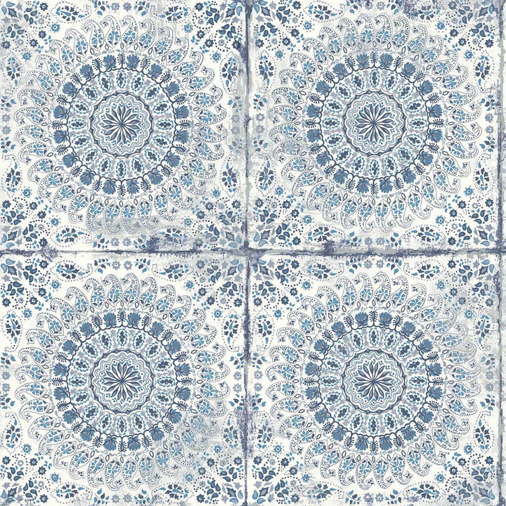 Mandala Boho Tile Cerulean and Washed Denim RY30702 by Seabrook Designs Designer Wallpaper