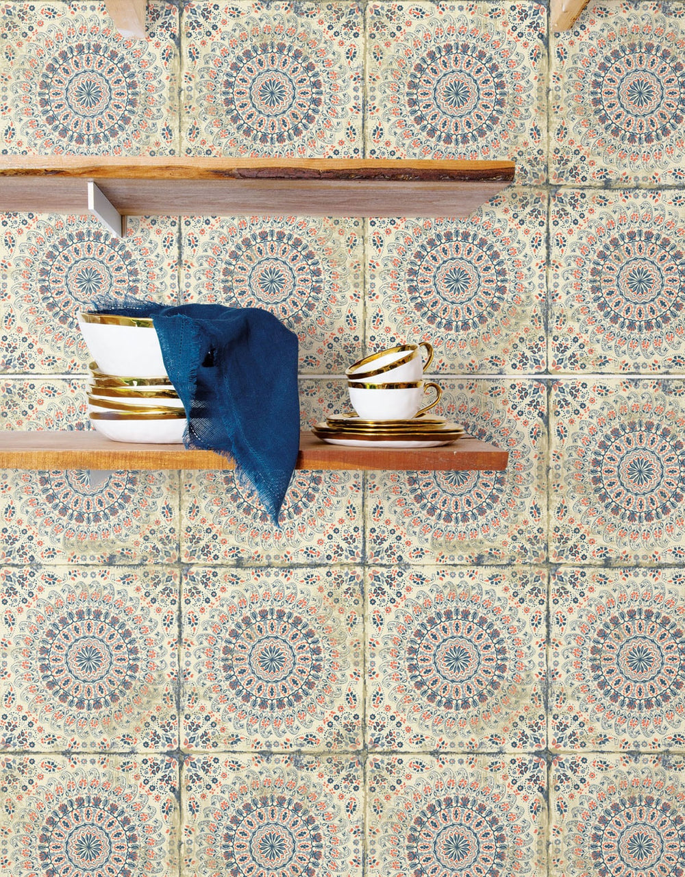 Mandala Boho Tile Coral, Cream, and Midnight Blue RY30706 by Seabrook Designs Designer Wallpaper