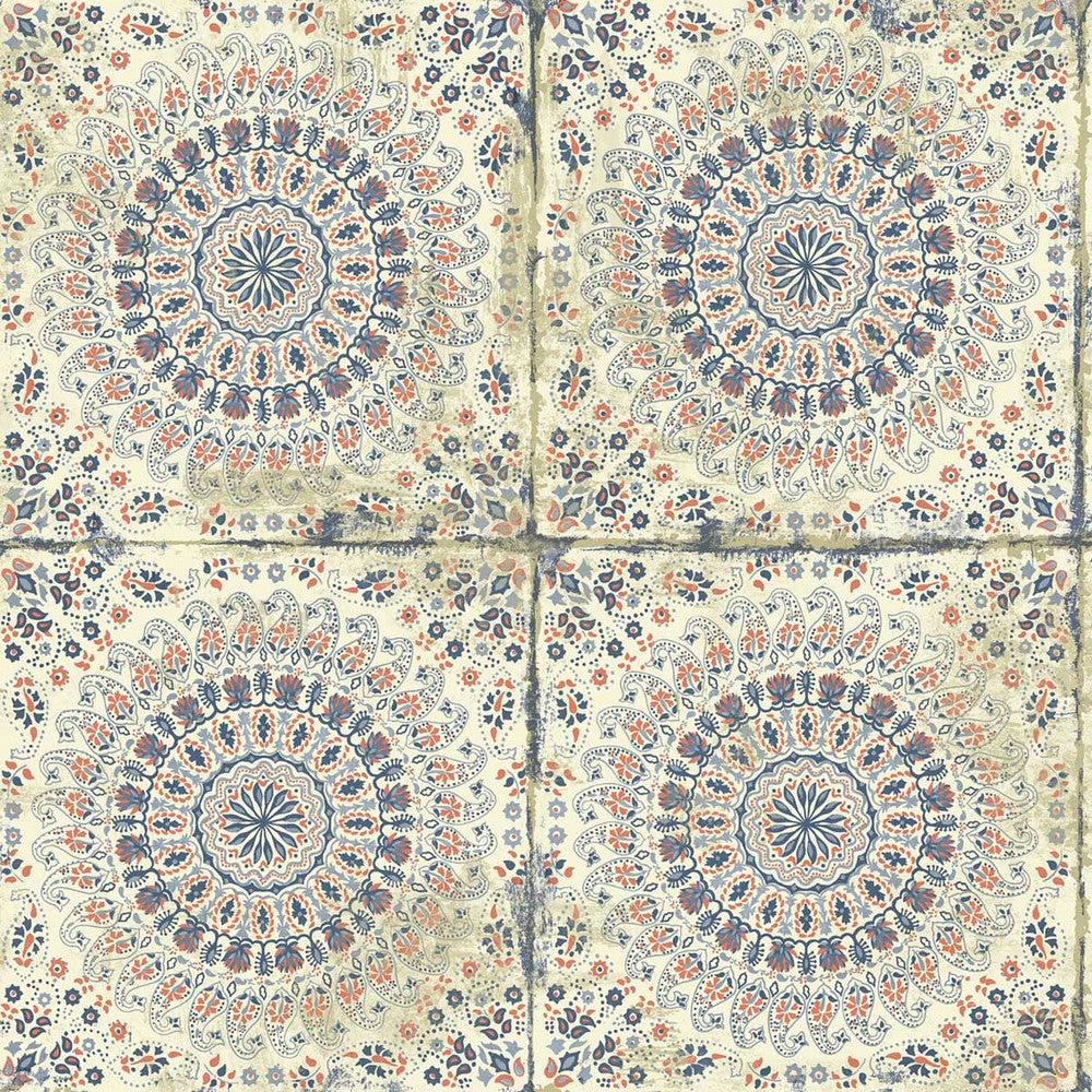 Mandala Boho Tile Coral, Cream, and Midnight Blue RY30706 by Seabrook Designs Designer Wallpaper