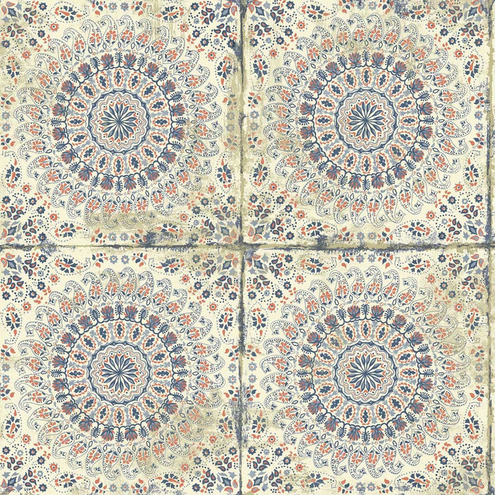 Mandala Boho Tile Coral, Cream, and Midnight Blue RY30706 by Seabrook Designs Designer Wallpaper