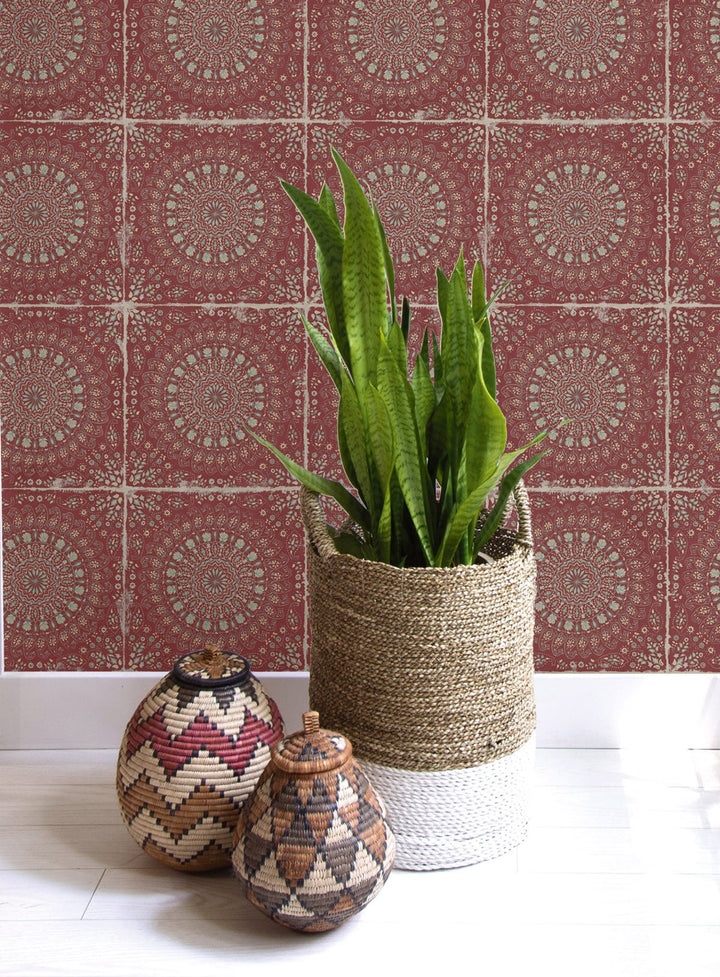 Mandala Boho Tile Cabernet and Aloe Green RY30710 by Seabrook Designs Designer Wallpaper
