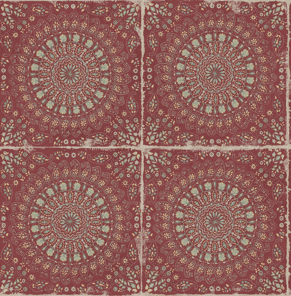 Mandala Boho Tile Cabernet and Aloe Green RY30710 by Seabrook Designs Designer Wallpaper