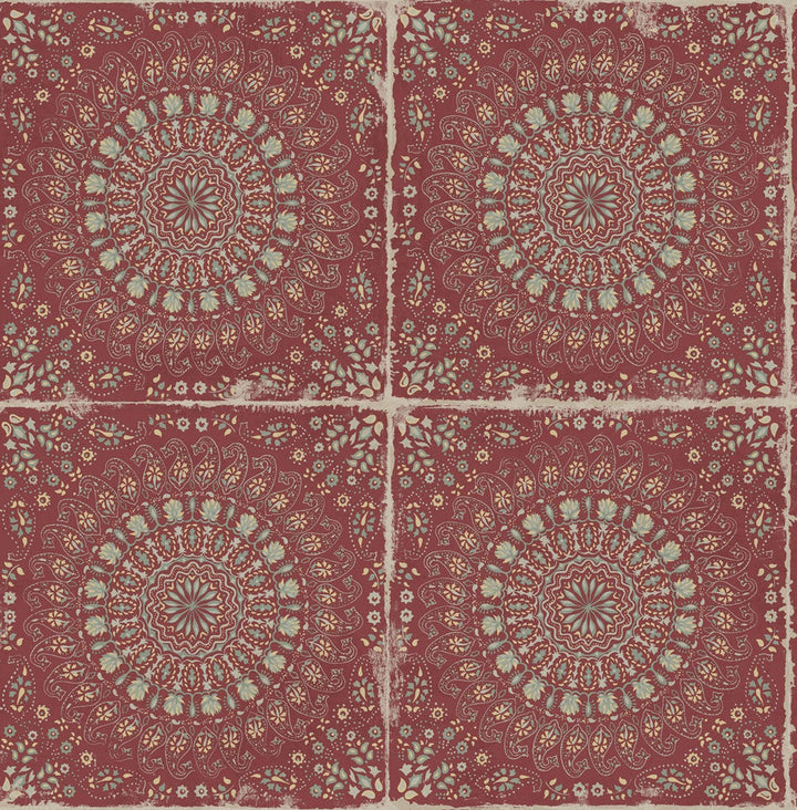 Mandala Boho Tile Cabernet and Aloe Green RY30710 by Seabrook Designs Designer Wallpaper