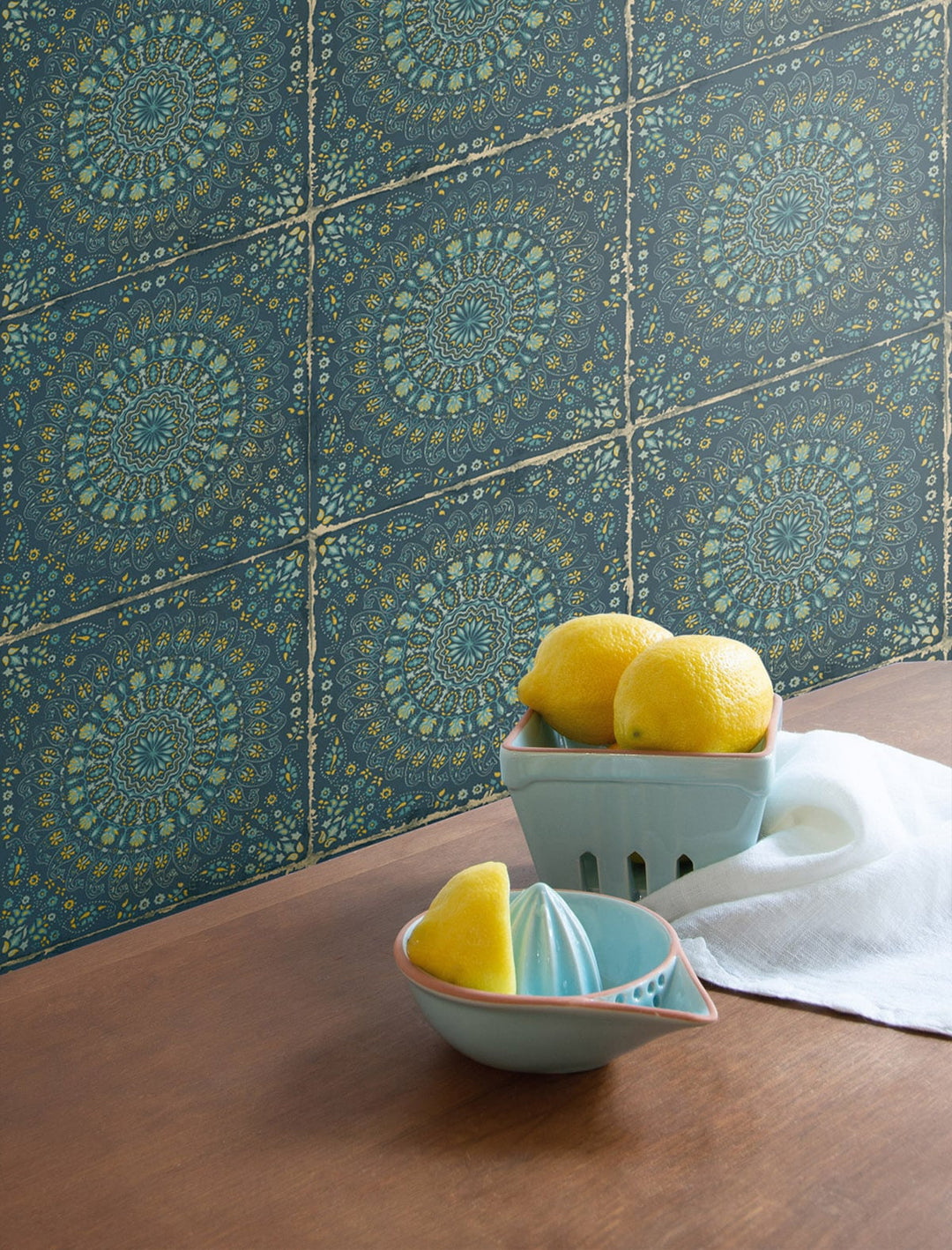 Mandala Boho Tile Navy Blue and Dandelion RY30712 by Seabrook Designs Designer Wallpaper