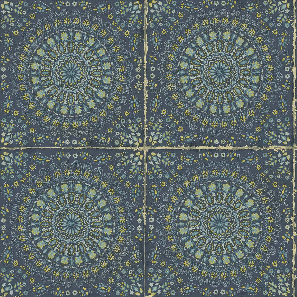 Mandala Boho Tile Navy Blue and Dandelion RY30712 by Seabrook Designs Designer Wallpaper
